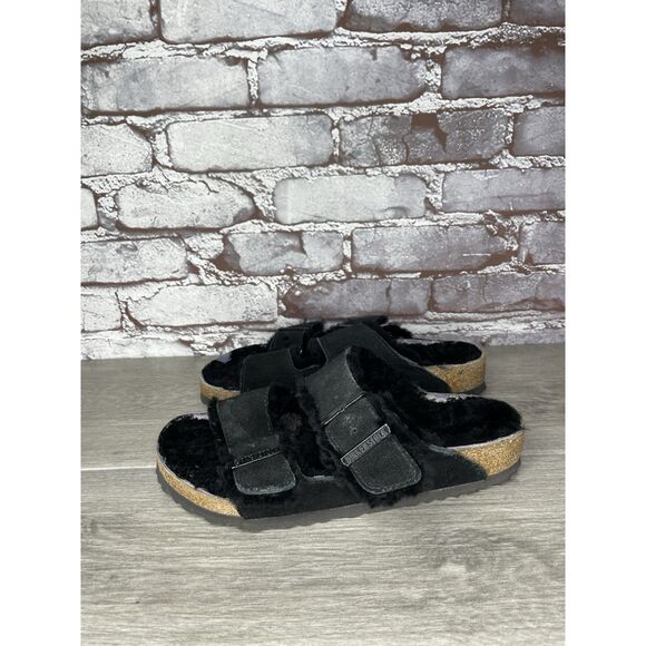 Birkenstock Arizona Black Suede Fur Cork Slides Sandals Women’s Sz 37EU/6.5M US - Picture 1 of 16